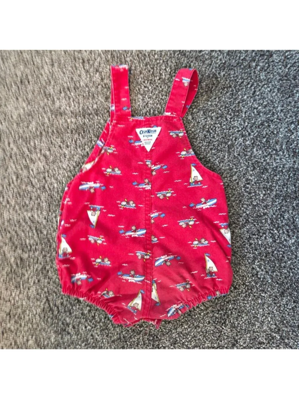 Vintage 90s OshKosh BGosh 24M Red Bear Boat Print Shortalls Overalls Made In USA